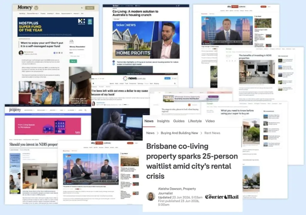 A collage of online news articles about co-living, property and rental issues in Australia featuring The Harmony Group's founders