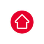 A simple white house outline icon centered inside a solid red circle, displayed on a white background.